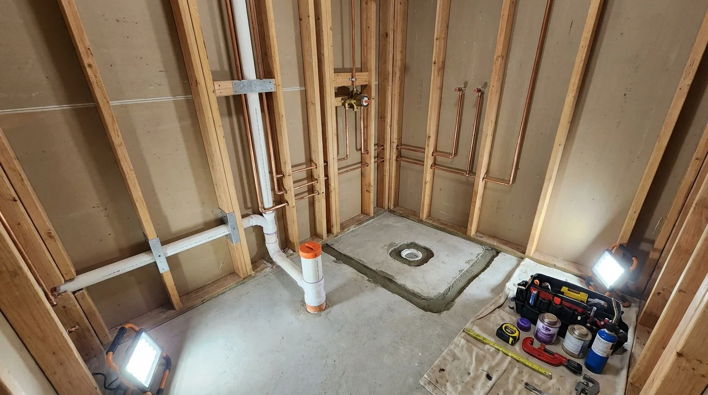 Bathroom rough-in plumbing during remodel by Johns Plumbing LLC in Scranton