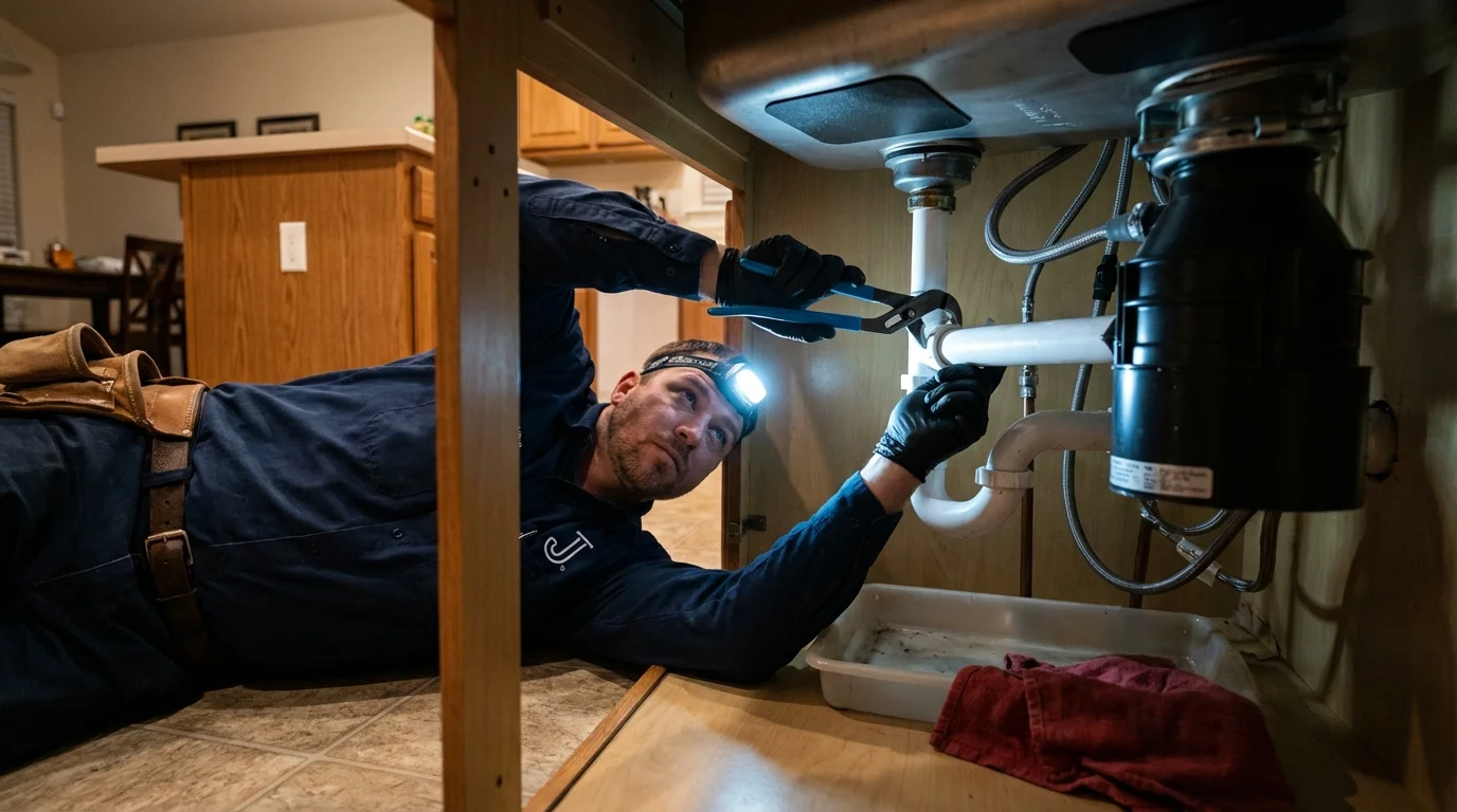 P-trap and supply line connections under a kitchen sink showing a common leak point in Scranton, PA